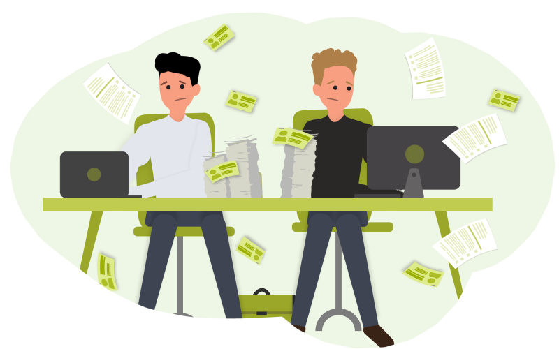 Two overworked employees at their desks with a mountain of paper of trade fair contact data to sort through.