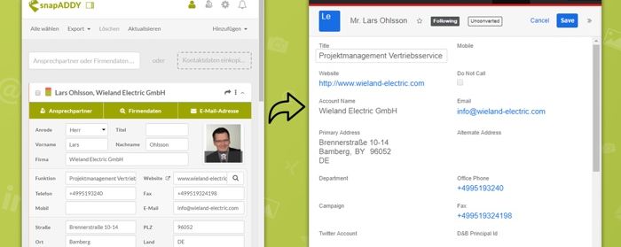 The data of snapAddy DataQuality are transferred directly to the corresponding fields in SugarCRM