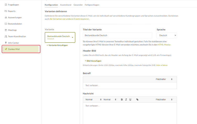 Das snapAddy Dashboard im Abschnitt Dankesmail