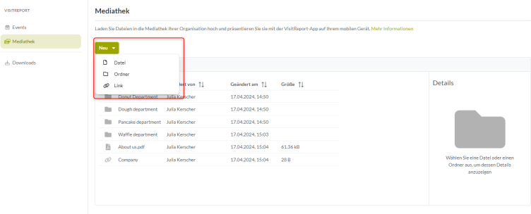Das snapAddy Dashboard im Abschnitt Mediathek