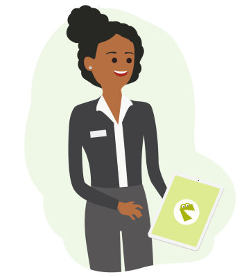 Woman holding a tablet with snapADDY VisitReport for a digital leader capture at trade fair.