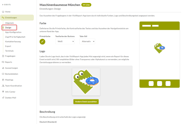 Das snapAddy Dashboard im Abschnitt Design