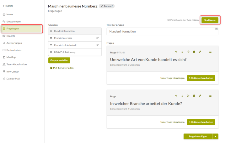 Das snapAddy Dashboard im Abschnitt Fragebogen