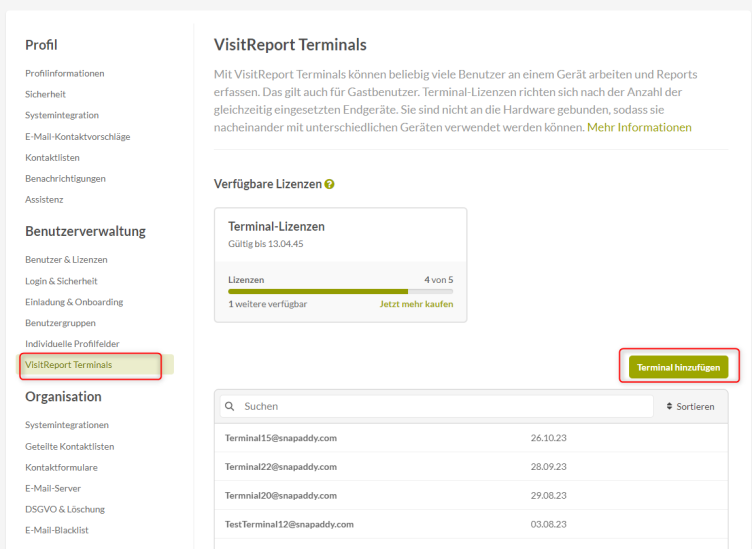 Einstellungen des snapAddy Dashboards im Abschnitt VisitReport Terminals.