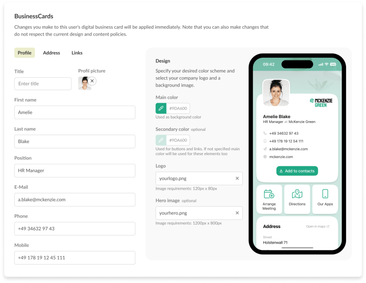 Screenshots aus snapAddy BusinessCards