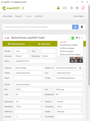 snapADDY für Sage CRM