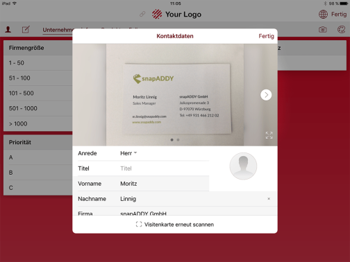 snapADDY business card scanner in snapADDY VisitReport