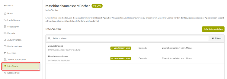 Das snapAddy Dashboard im Abschnitt Info-Center.