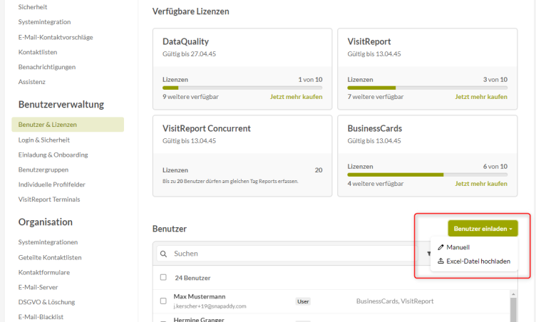 Screenshot von den snapAddy Dashboard-Einstellungen, Bereich Benutzer und Lizenzen
