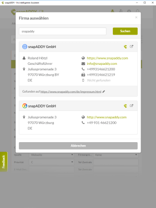 snapADDY Grabber: company data search