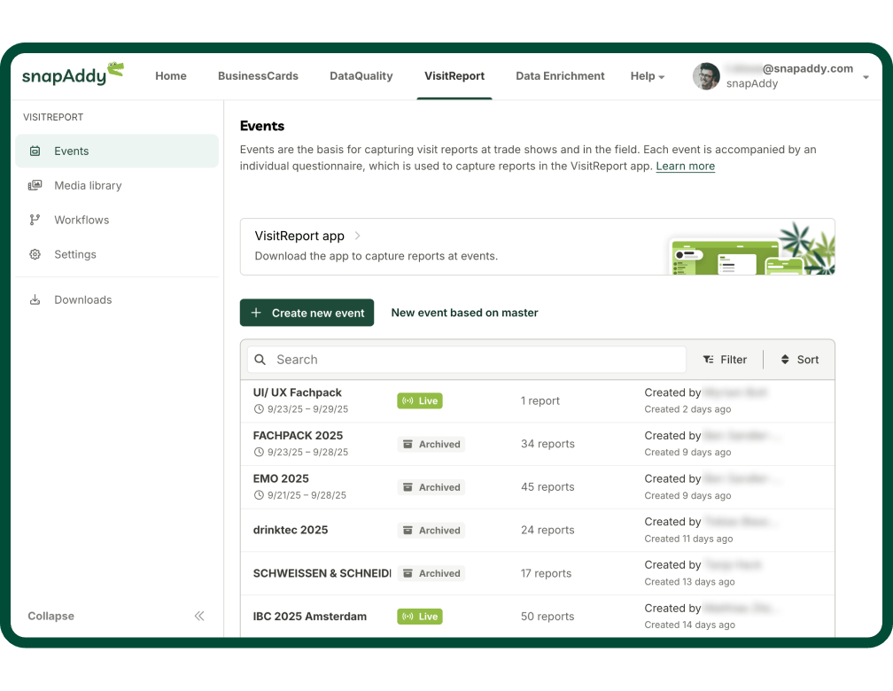 Übersicht aller Events in VisitReport