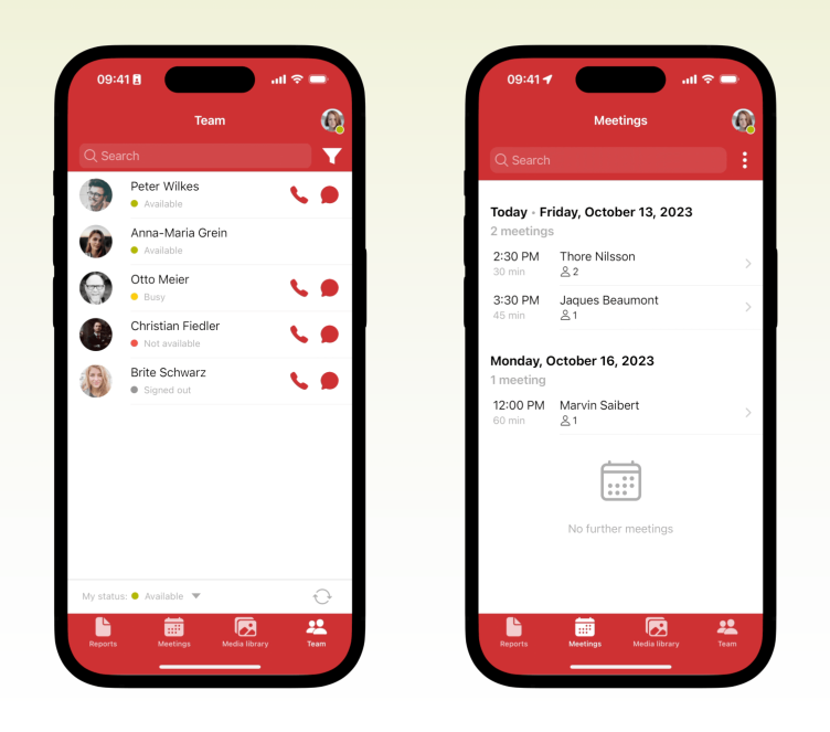 Team and meeting management in snapAddy VisitReport